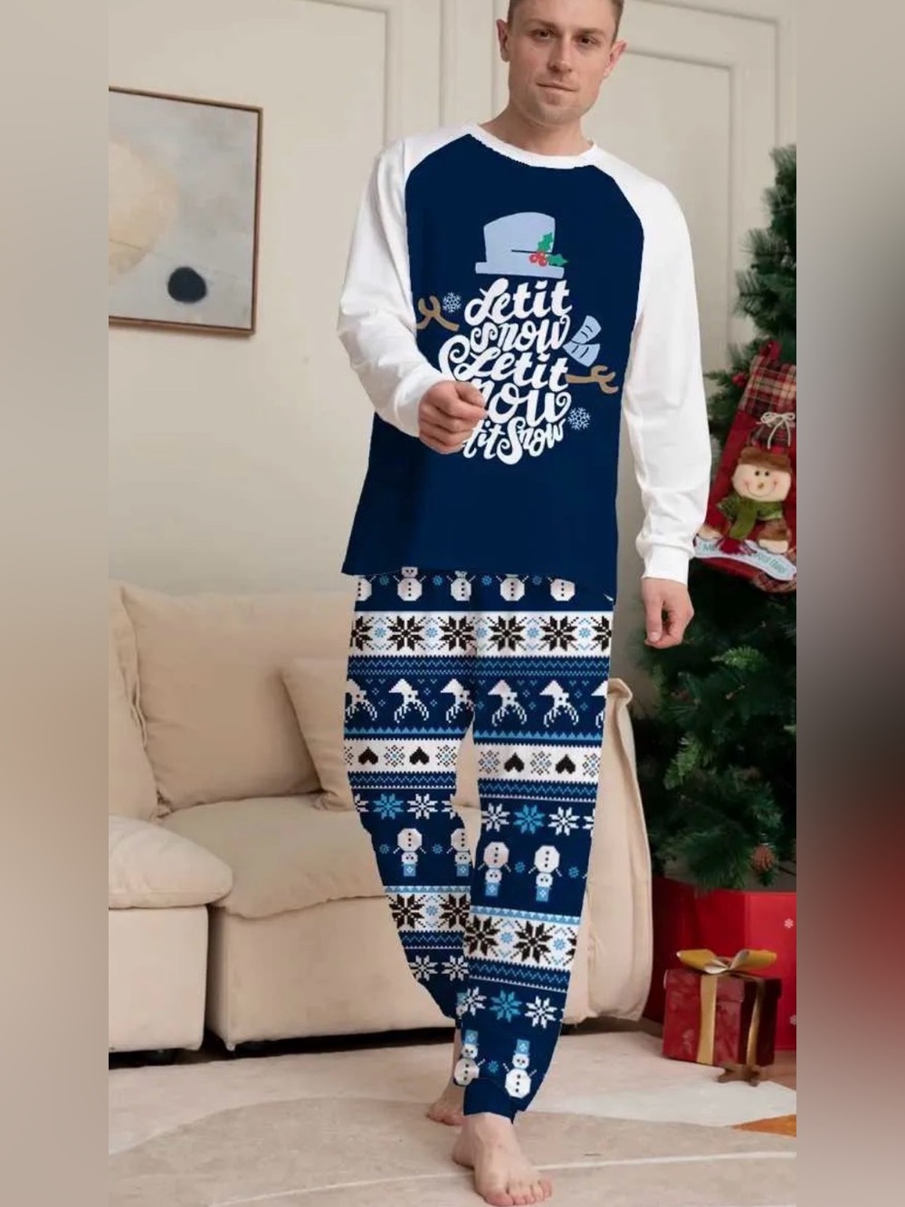 Men's Navy Blue and White Snowman Pajama Set